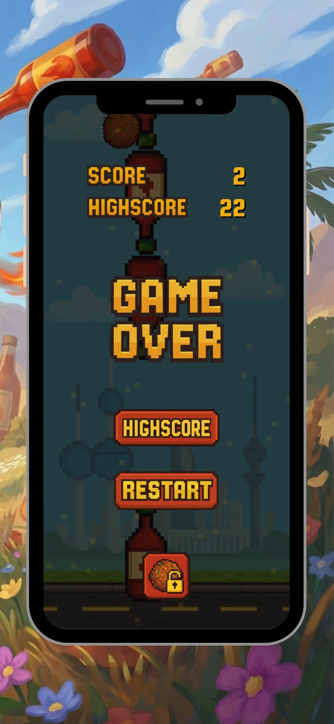 Game over screen showing this score against your highscore